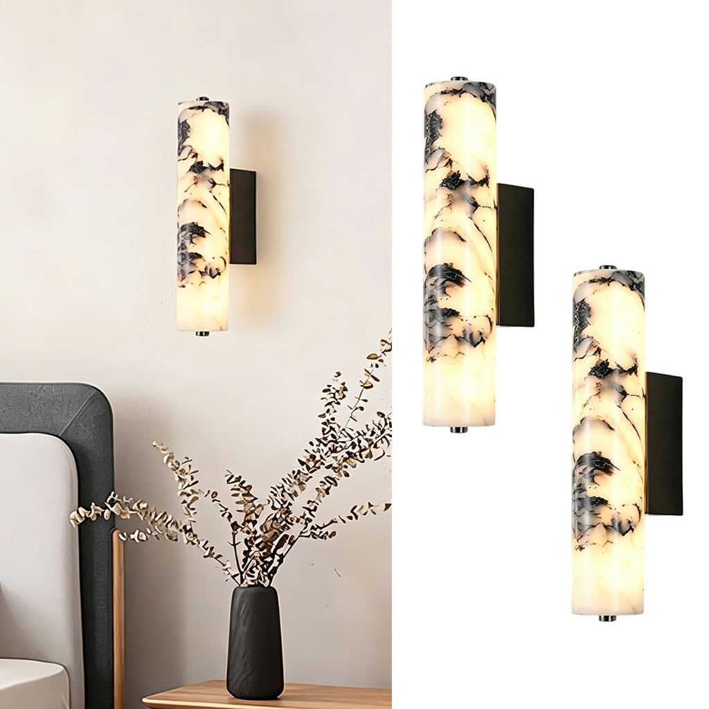Nowoczesna Minimalistyczna Pionowa Cylindryczna Lampa Ścienna Z Marmuru LED Lampa Ścienna Z Półprzezroczystego Kamienia O Żyłach Liniowa Oprawa Oświetleniowa Do Salonu I Korytarza(2-light)