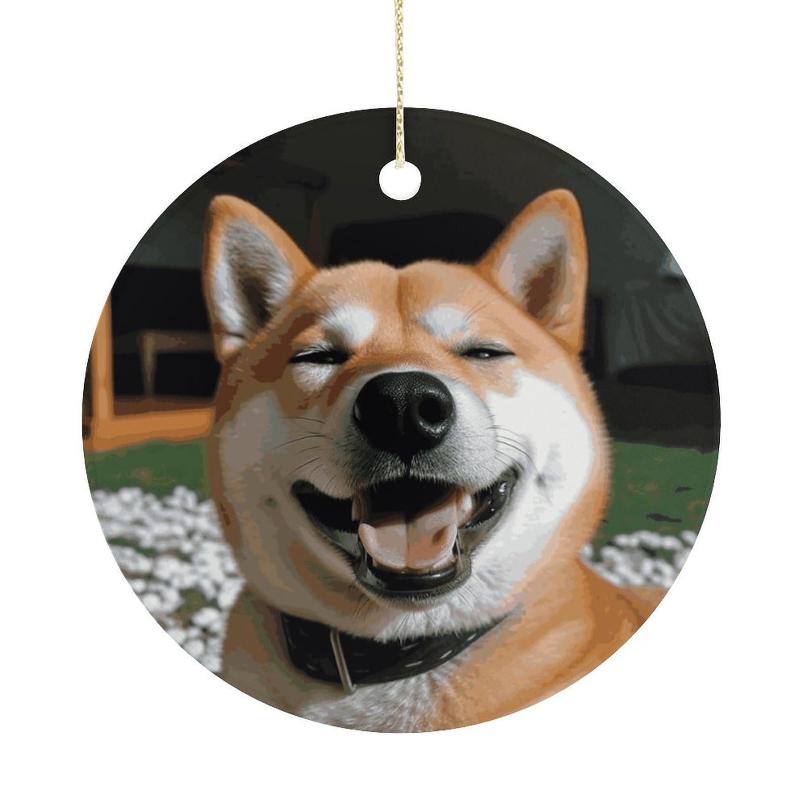 Personalized Christmas Ornaments 2025 Ceramic Hanging Shiba Inu Smile Tongue Out Ornaments with Gold String Double-Sided Vintage Holiday Decorations for Tree Mantel Tabletop Xmas Party Favors