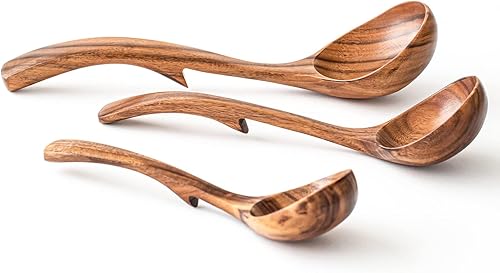Gudamaye Juego de cucharones de sopa de madera de 3 tamaños, 3 ganchos para tazón, olla. Cucharón de madera de teca natural, cucharón grande de sopa