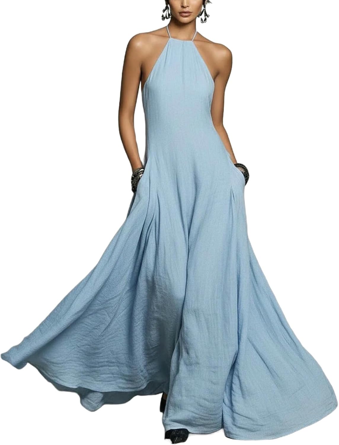 Women's Halter Neck Flowy Maxi Dress Sleeveless Backless Loose Fit Dress Boho Summer Casual Dresses with Pocket