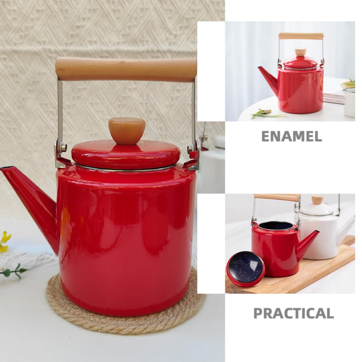 Tetera de Cocina de Esmalte 2, 4 L Mango de Madera Roja