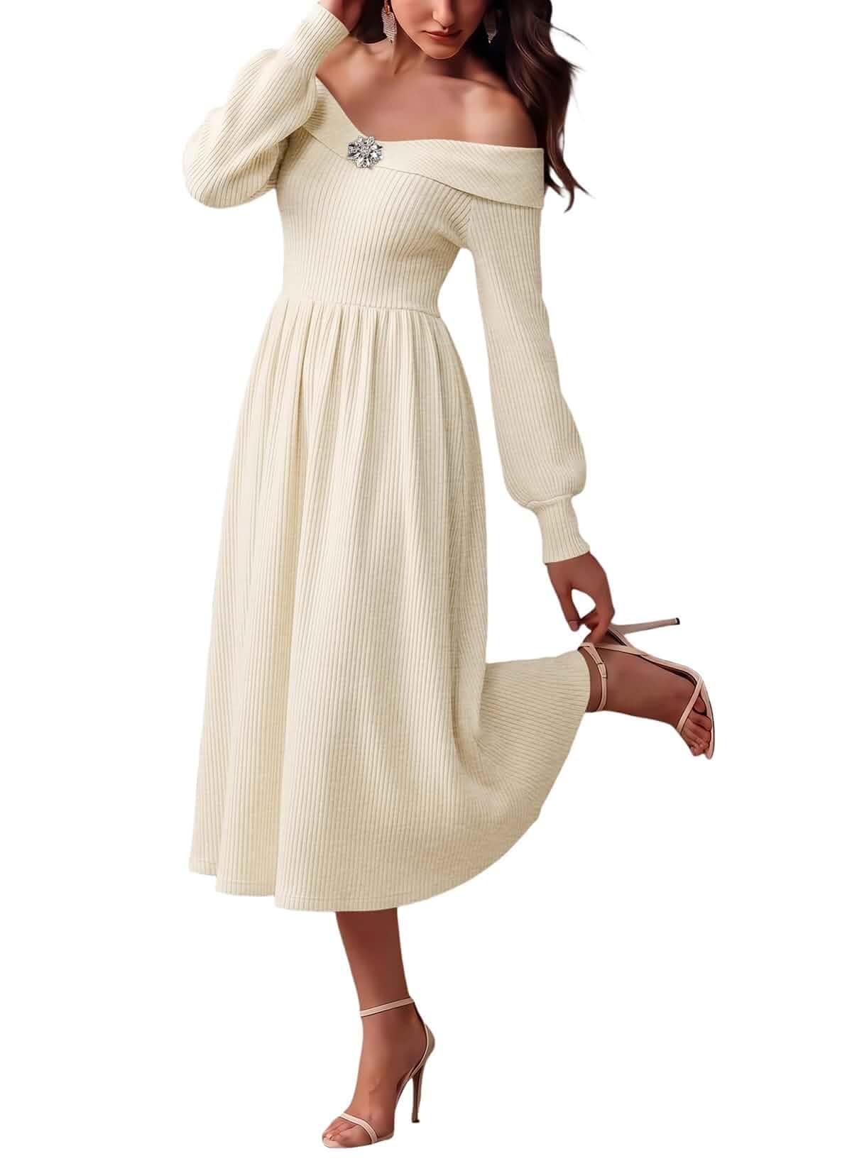 BLENCOT Womens Off Shoulder Knit Midi Dresses Long Sleeve Bump Friendly Soft stretchy ribbed knit off shoulder dresses,high waist A line midi dress,maternity bump friendly for work or weekend wear