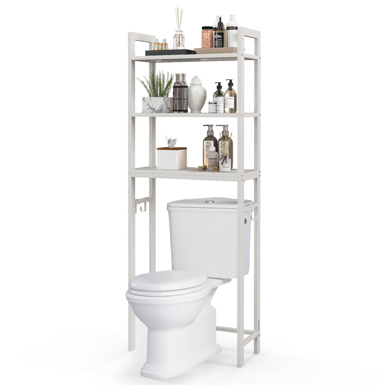 GOPLUS Estantería de baño, estantería para lavadora con 3 estantes y 3 ganchos extraíbles, estantería para baño, cuarto de baño y lavandería, 63 x 26,5 x 170 cm (blanco), KW21092DE