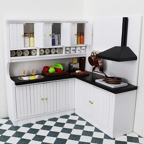 Miniatura 4 de Dollhouse Kitchen Set Miniature Wooden Furniture Cabinet Dining Room Kitchen Kit 112 Scale Wooden Dollhouse Accessories (Style A)