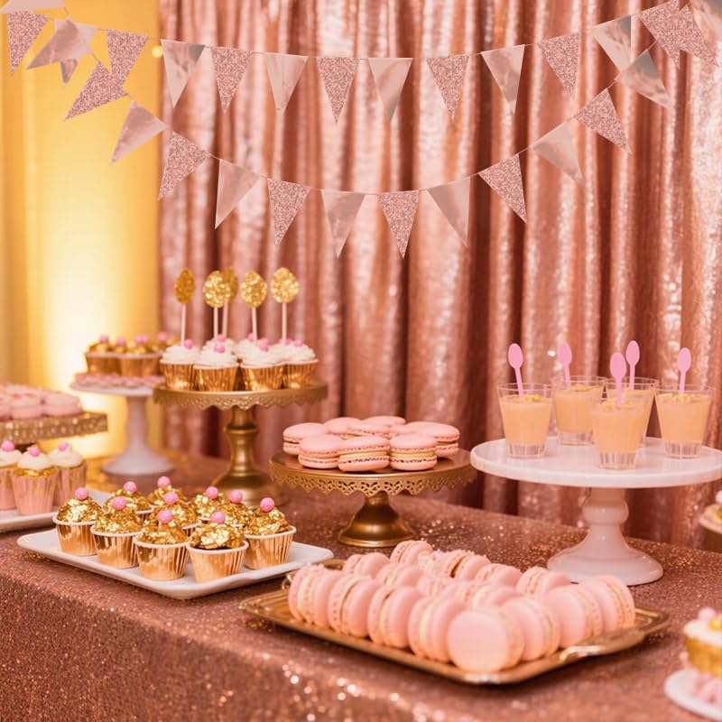 Image of Rose Gold Hanging Triangle Flag Pennant Garland Rose Gold Hanging Paper Pennant Streamer Paper Triangle Flag Bunting Banner for Graduation Wedding Engagement Birthday Party Decor 30 Feet