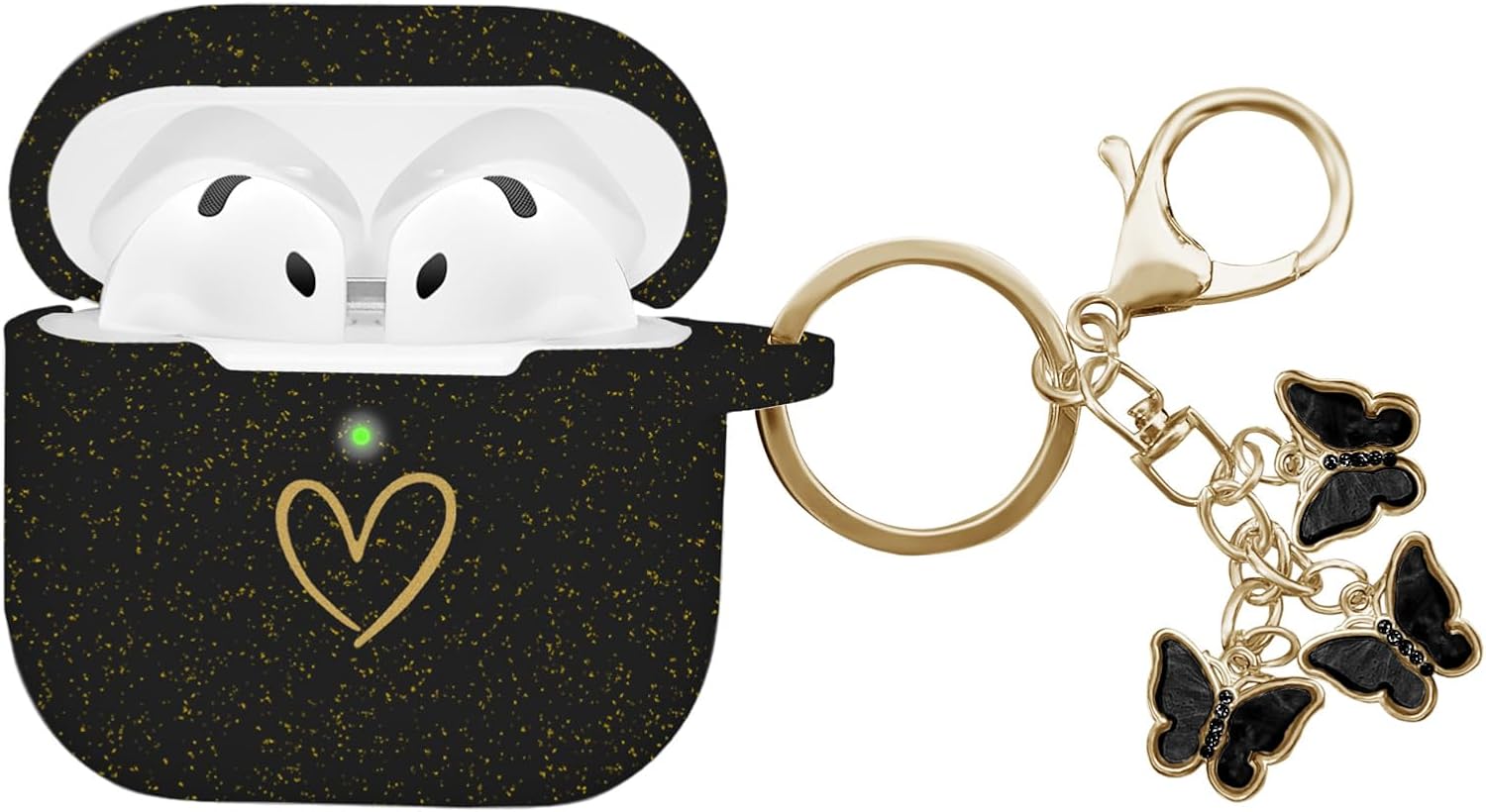 Compatible AirPods 4 Case Cover 2024, Soft Silicone Case with Gold Heart Pattern for AirPods 4th Gen, Cute Butterfly Keychain for Girls Women (Glitter Black)