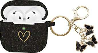 غطاء AirPods 4 متوافق 2024، غطاء سيليكون ناعم بنمط قلب ذهبي لسماعات AirPods الجيل الرابع، سلسلة مفاتيح فراشة لطيفة للفتيات والنساء باللون الأسود اللامع