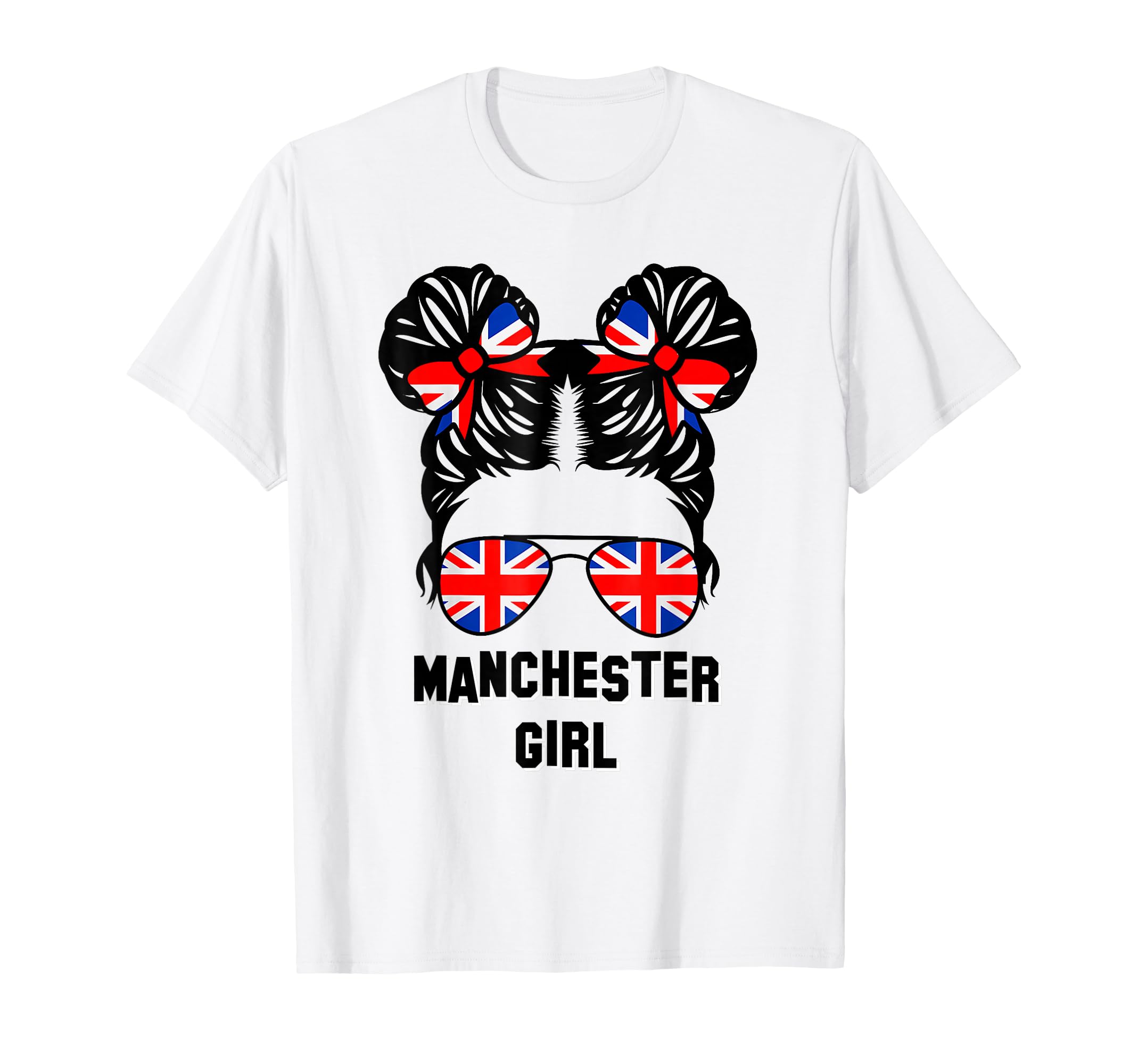 Manchester Girl Messy Bun, UK British United Kingdom Flag T-Shirt