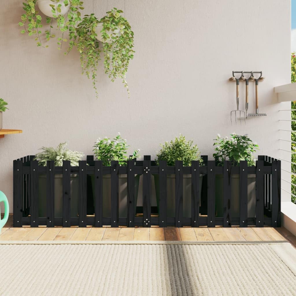 Mengtu Garden Raised Bed with Fence Design Black 200x50x50 cm Solid Wood Pine, Garden Planter Flower Box for Vegetable Plants Furits, Outdoor Pot Patio Balcony Planter Box, Garden Veg Flower Pot