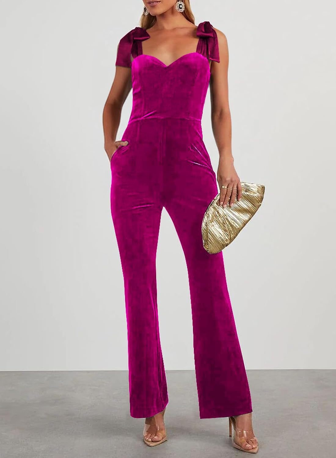 BLENCOT Women's Wide Leg Velvet Jumpsuits Sexy Tie Knot Strap Sleeveless Elegant Romper Overall Pants - Image 5