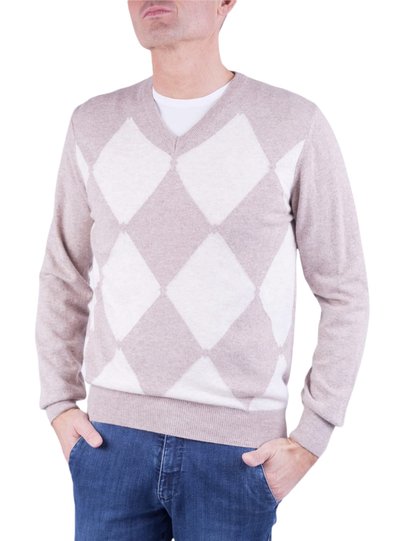 Scollo V Rombi Uomo Misto Cashmere Seta Made in Italy Maglione Scacchi Pullover Manica Lunga Lana Merino Cachemire Maglioncino Beige Grigio Maglia Regalo Inverno