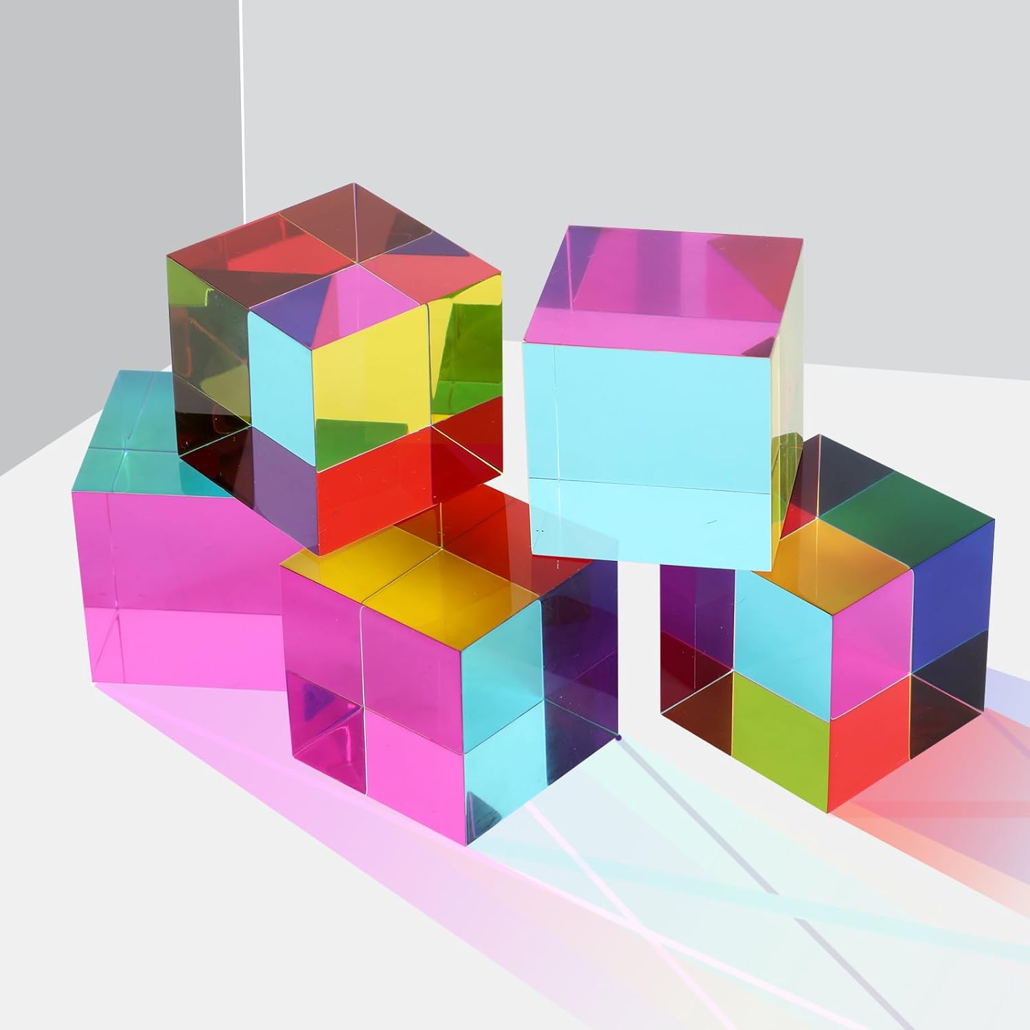 Mixing Color Cube(2.4inch / 6cm)- Cyan, Magenta & Yellow Subtractive Color Mixing with Stand, Magic Prism Cube for Science and Educational, Photography Crystal Prism, Desktop Decoration (Mixing Color)