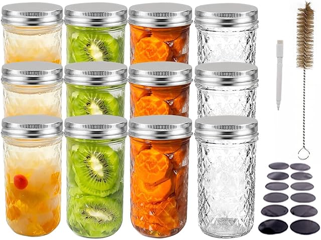 YBCPACK 12 Pack 12 oz375ml Glass Canning Jars With Airtight Lids Chalk Labels and 1 PenJelly Mason Jars for JamHoneySauceBaby Foods, Overnight oatsWedding Favors, Shower Favors