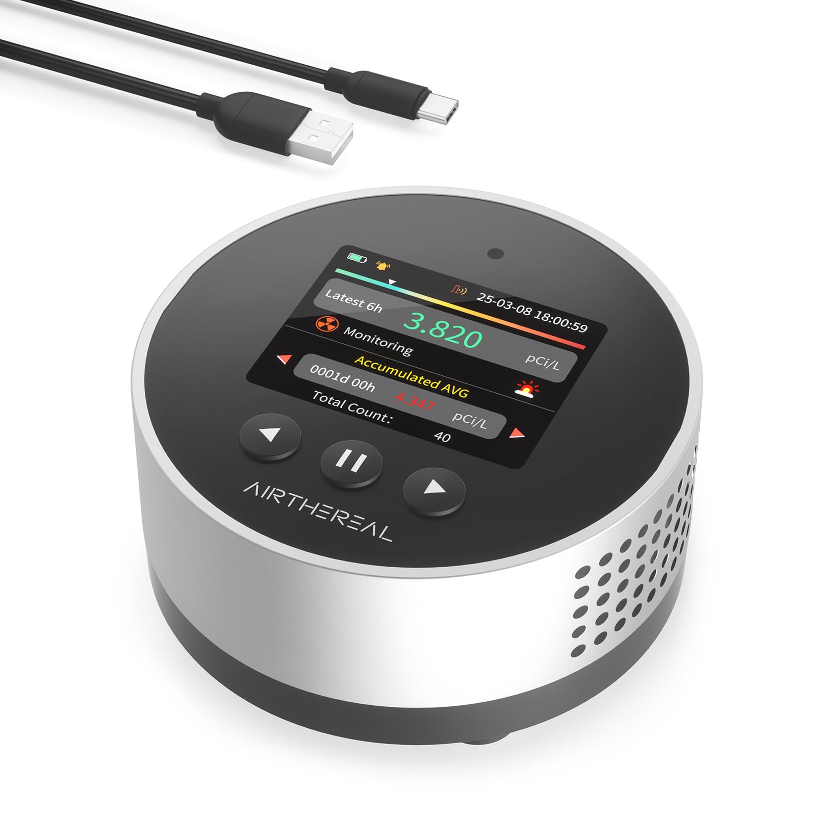 Detector de radón portátil Airthereal – Almacenamiento de 504 días, Pantalla LCD a Color, Resultados rápidos en 6 Horas, batería de Larga duración, alarmas acústicas y visuales – versión 2025