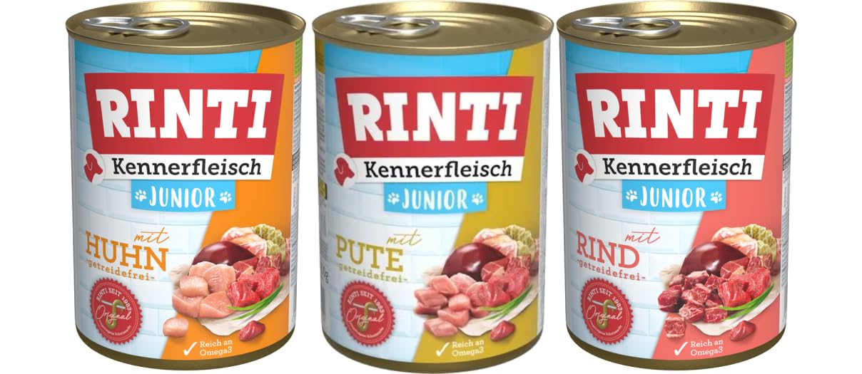 Bundle RINTI Kennerfleisch Junior Mix 12x 400g – Nassfutter Welpen Hund – Rind, Huhn & Pute – 70% Fleisch – mit Omega 3 & Ballaststoffen – getreidefrei