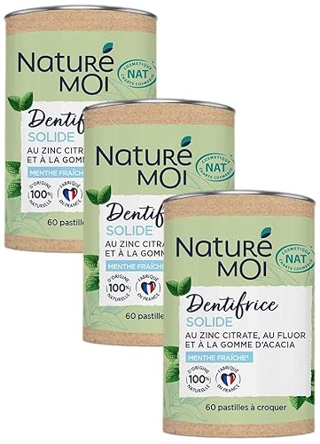 Naturé moi - Naturé moi - Dentifrice Solide Pastille à Croquer Menthe Fraîche Au Zinc Citrate, Fluor et Gomme d'Acacia 100 pourcent d'Origine Naturelle, Menthe, Blanc, 60 pastilles (Lot de 3) - -4%