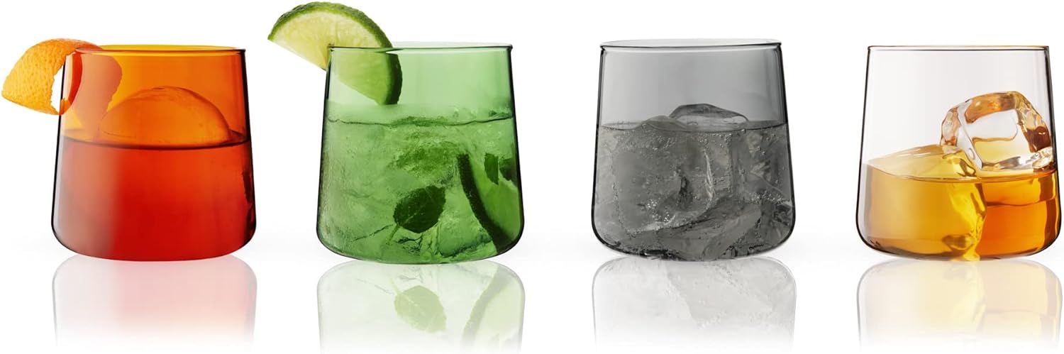 Viski Aurora Tumblers Colored Wine Glasses - Tinted Fun Cocktail Glasses in Clear, Grey, Green, and Amber - Dishwasher Safe 10.5 Oz Set of 4