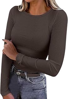 Jersey para mujer con purpurina, manga larga, cuello redondo, acanalado, ajustado, informal, camiseta básica de bolos