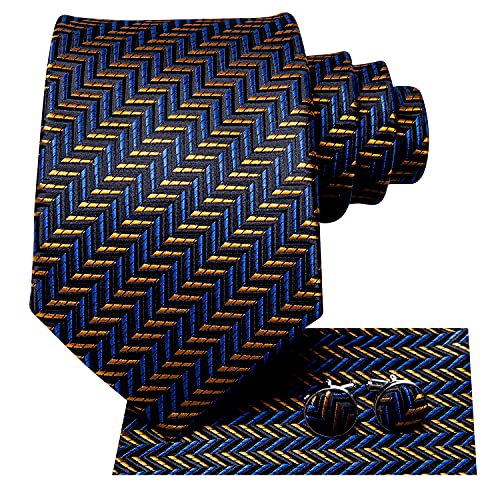 Image of Dubulle Mens Tie Set Solid Paisley Silk Striped Necktie for Men with Cufflinks Tie and Pocket Square,Blue Brown