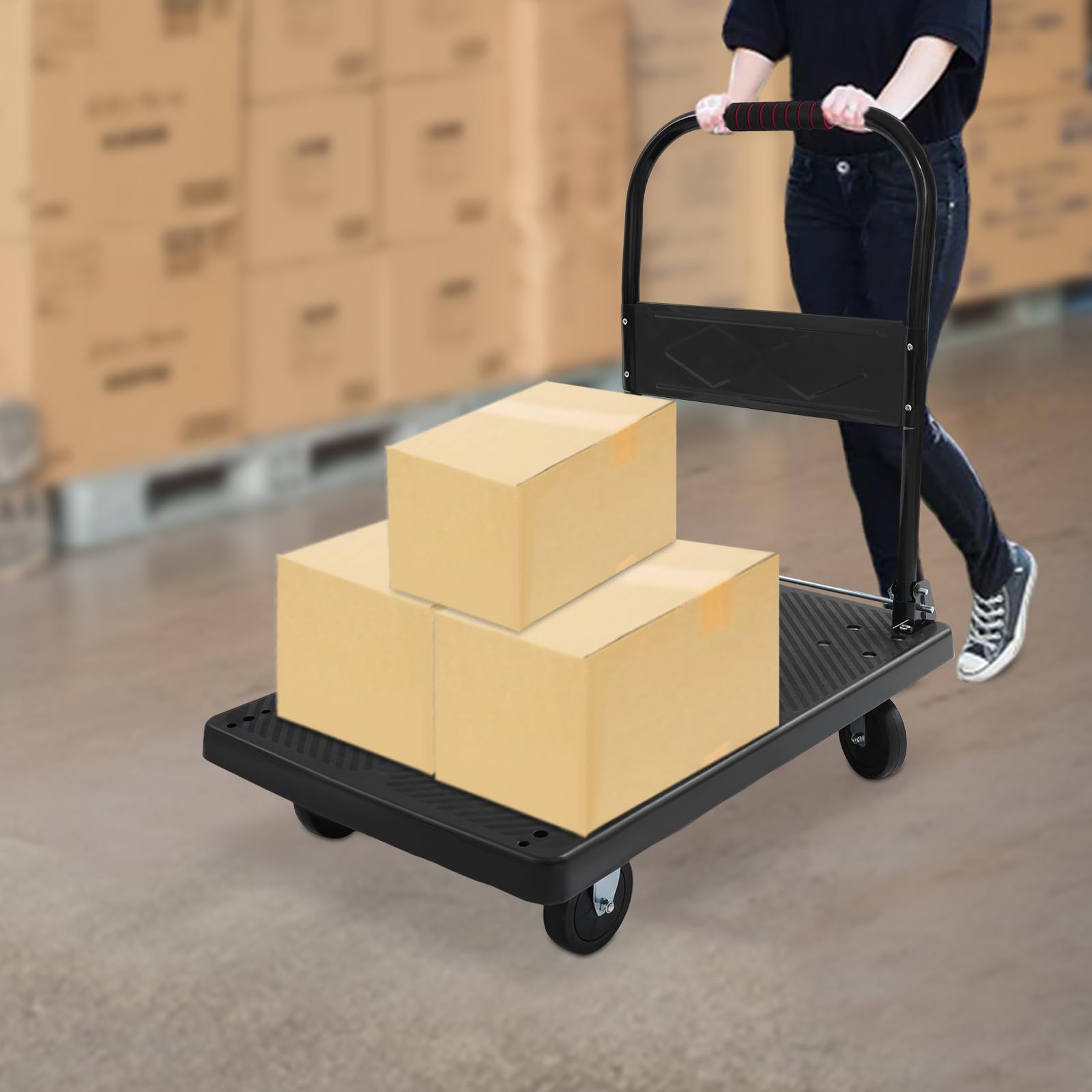 Klappbarer Plattformwagen Transportwagen aus Stahlrohren mit Anti-Rutsch-Muster, Handwagen Materialtransporter Transporthilfe Bis 400 kg Tragkraft, Schwarz Einhand-Klappwagen mit Bremsen