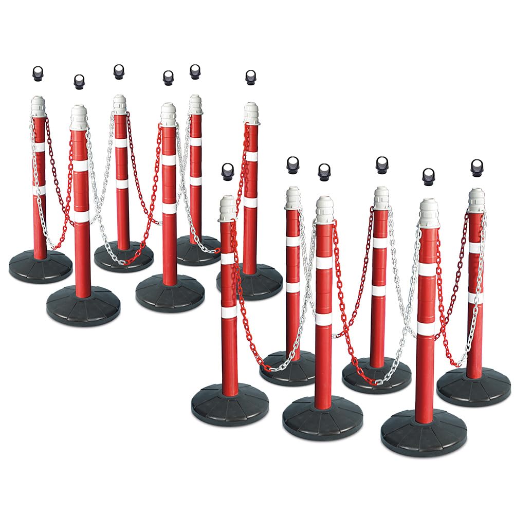 Lot de 12 poteaux de chaîne de 22 mètres de chaine, 12 oeillets en polypropylène (PP) pour passer un ruban de signalisation