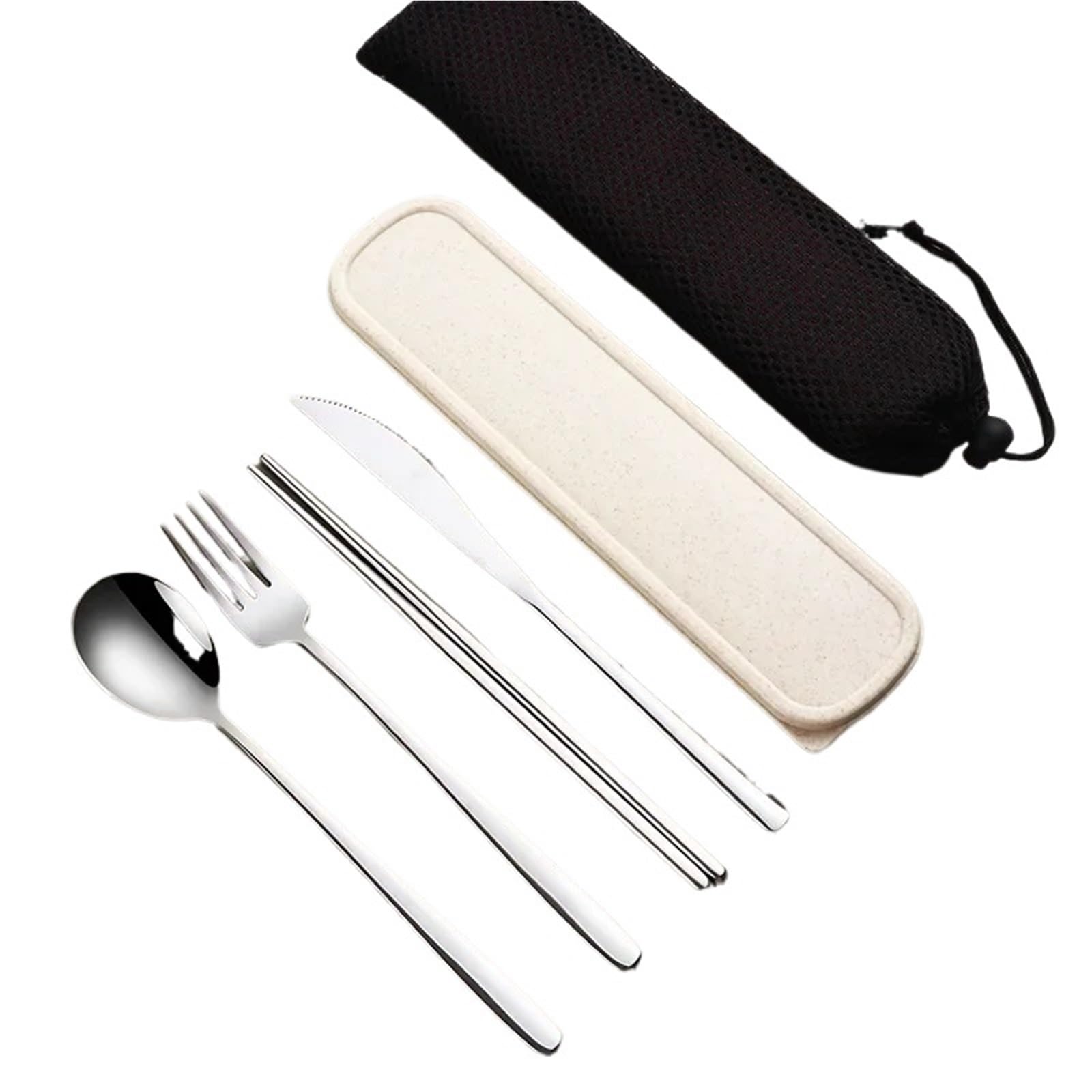 Juego de Cubiertos Juego de vajilla acero inoxidable, cubiertos portátiles, cuchillo, tenedor, cuchara, palillos(Silver-darkgreen)
