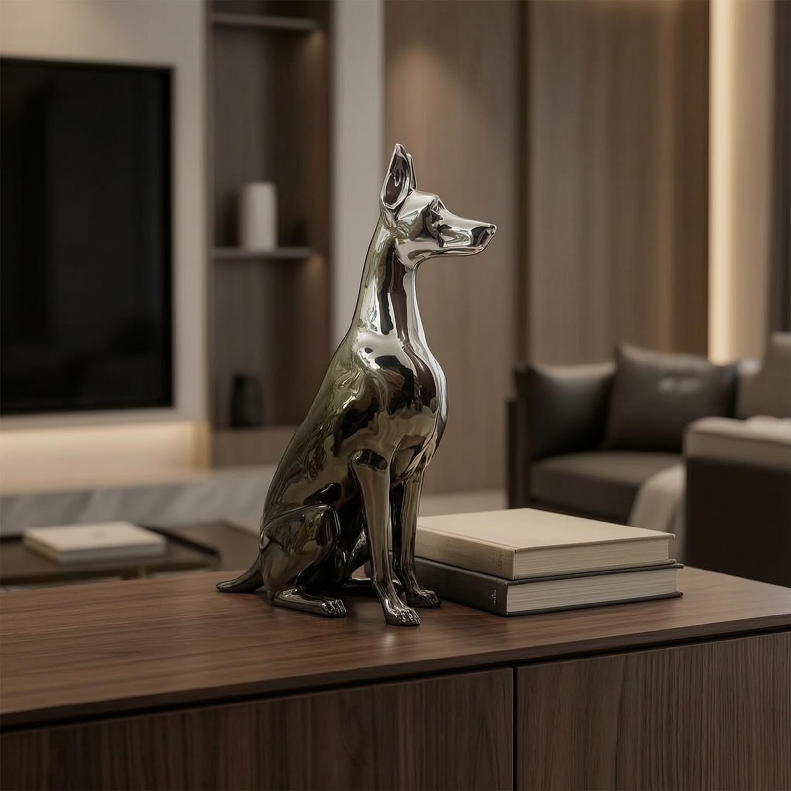 Statuetta Levriero Figurina Cane Scultura Decorazione Tavolo in Resina Finitura Brillante Superfici Luminose Salvaspazio Adatta per Mensole Consolle Mobile Tv Studio, Oro