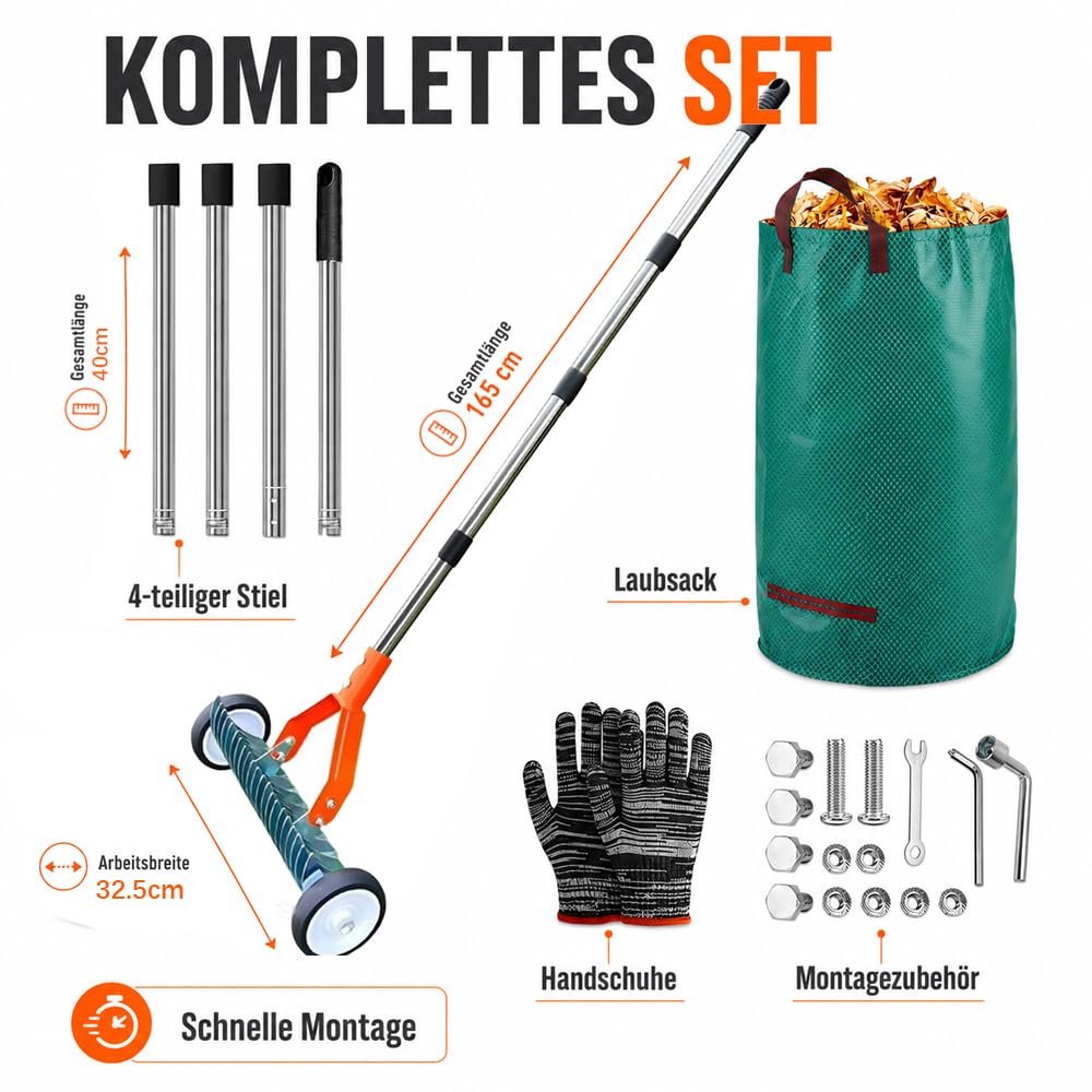 Scarificateur Manuel avec Roues,Verticuteur à Manche de 163 cm,Aérateur de Gazon avec Rouessac à déchets de Jardin,Grattoir de Jardin en Métal,Amovible, Verticuteur Réglable,Houe de Scarification