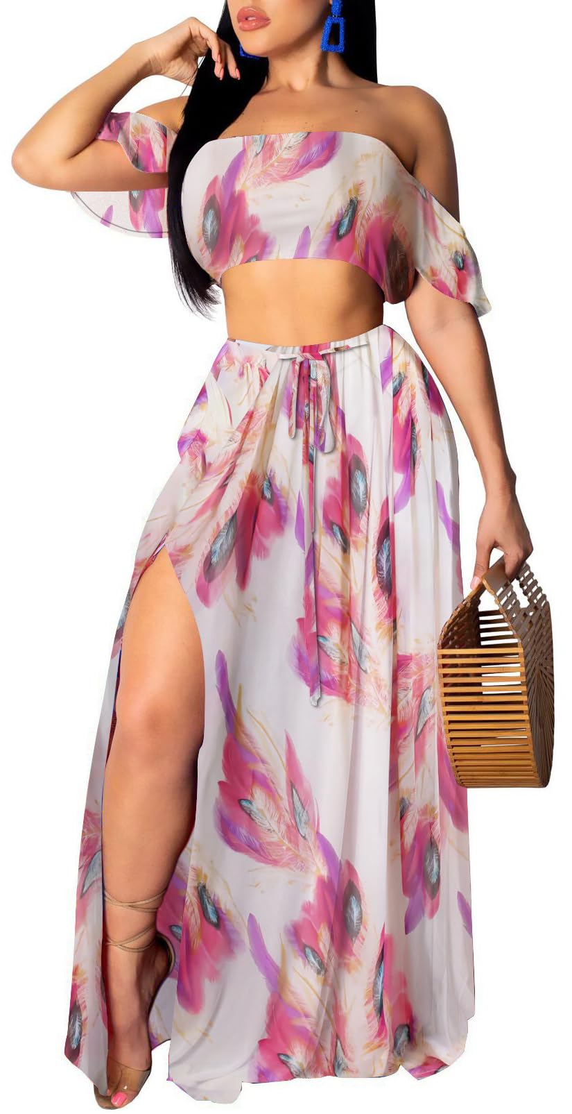 SxClub Women's Beach Dress 2 Piece Off Shoulder Top Long Maxi Skirt Sets