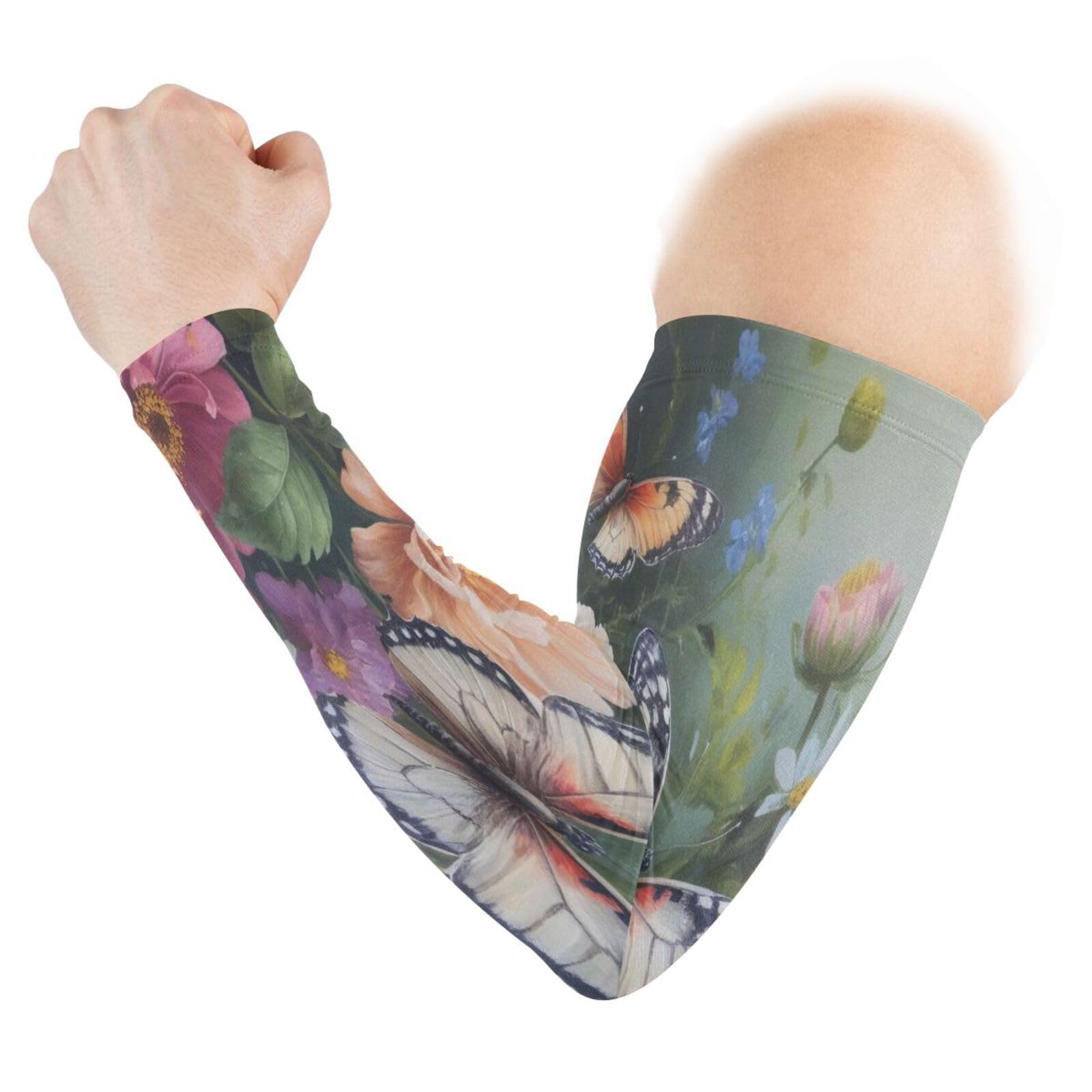 Kigai Flowers Butterfly UV Sun Protection Arm Sleeves for Men Women Cooling Compression Sports Arm Sleeves Tattoo Cover Up