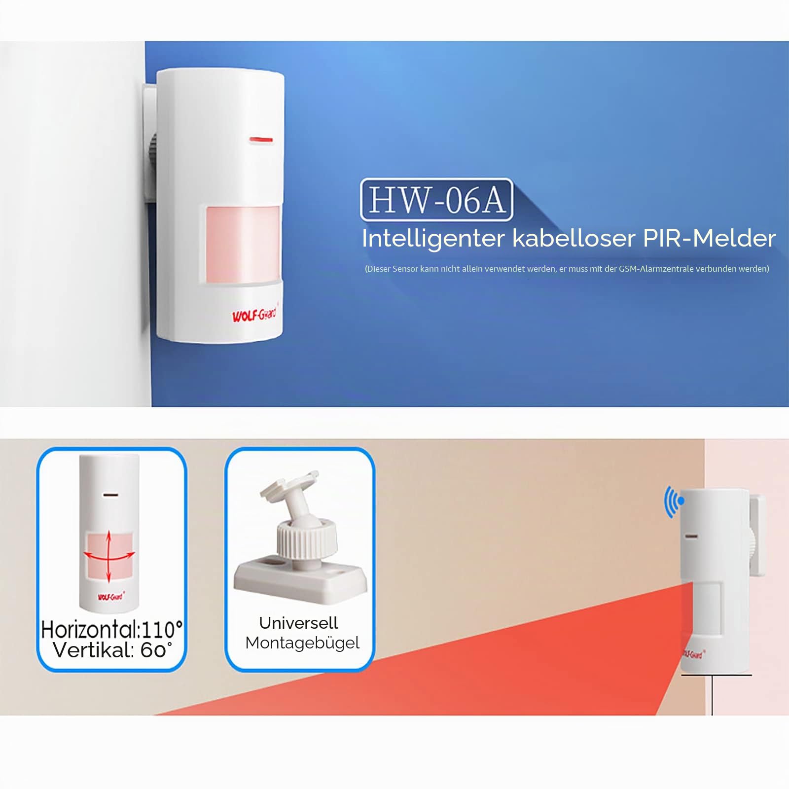 Wolf-Guard Wireless Solar Sirene Alarm (110dB), integrierter Akku, Manipulationsalarm, kabelloser Hausalarm mit 2 Bewegungsmeldern, 3 Türsensoren und 2 Fernbedienungen