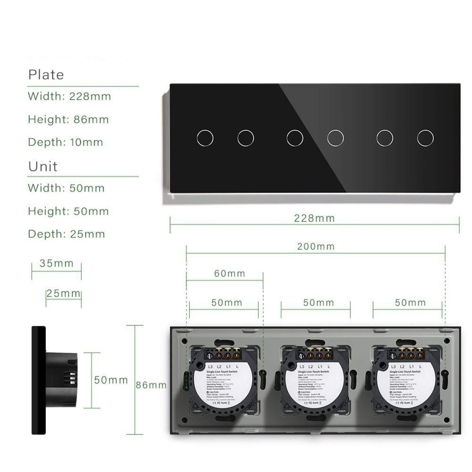 Interruptor táctil de cristal, Interruptor de luz pared con sensor táctil, 6 bandas, 1 vía, panel vidrio multicolor