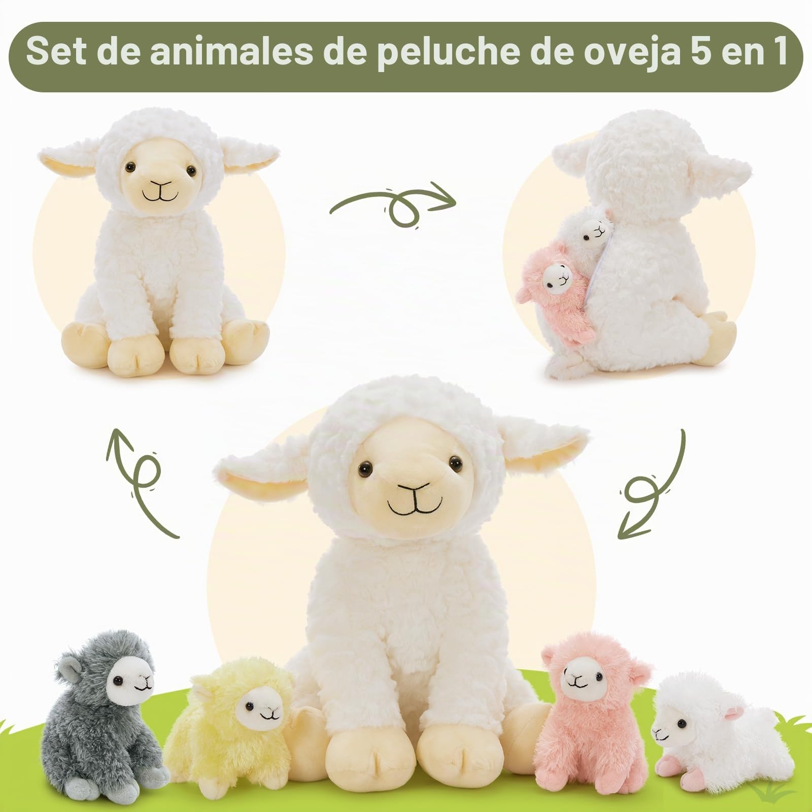 MorisMos Oveja de peluche XXL con 4 corderos en el vientre, 35 cm de alto, oveja de peluche, regalo de cumpleaños o Navidad