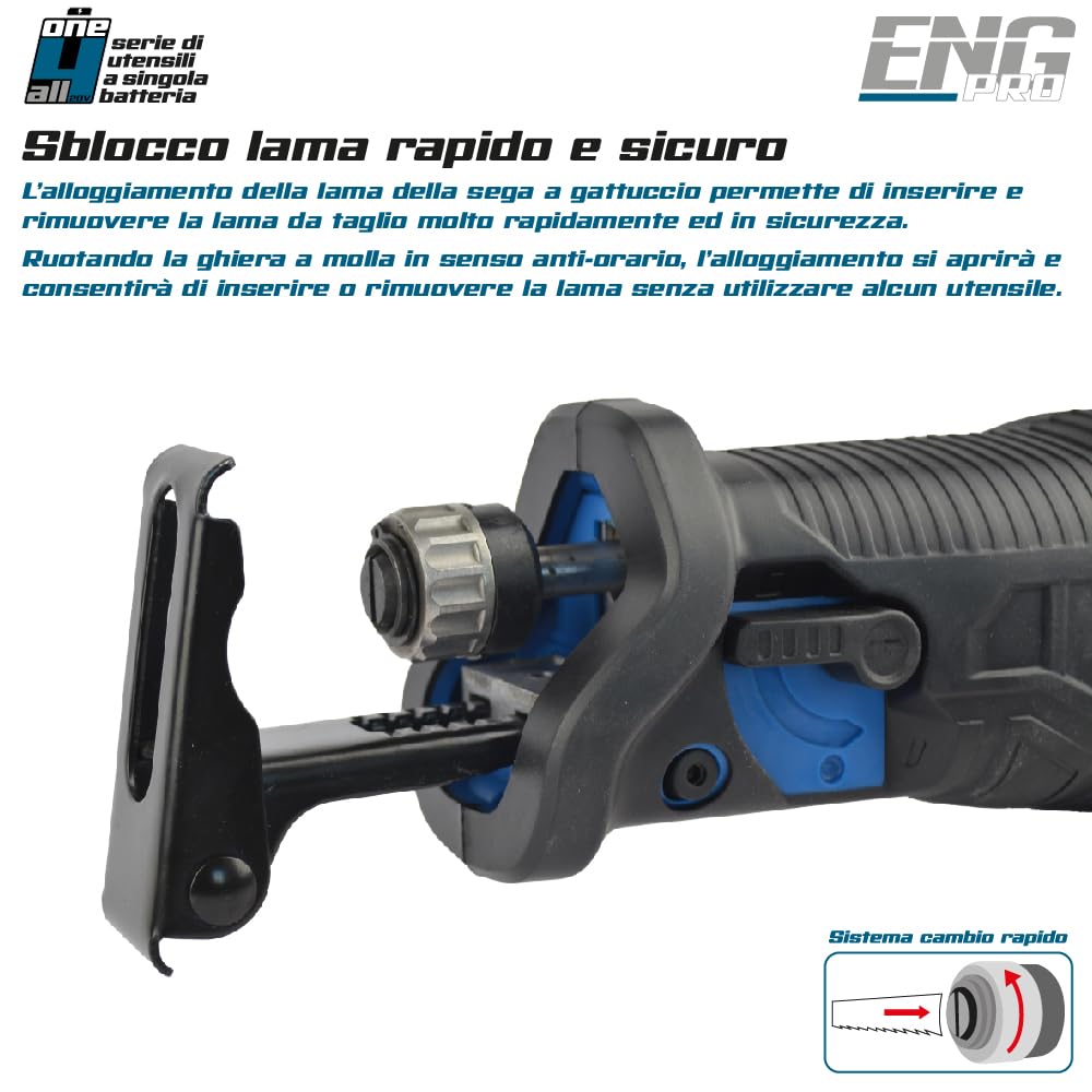 Sega A Gattuccio - Linea Professionale Monobatteria ONE4ALL 20V - Velocità 3000 rpm Capacità Taglio 115mm, Lama per legno + 1 Batteria 2.0Ah e Caricabatteria inclusi - ENG PRO