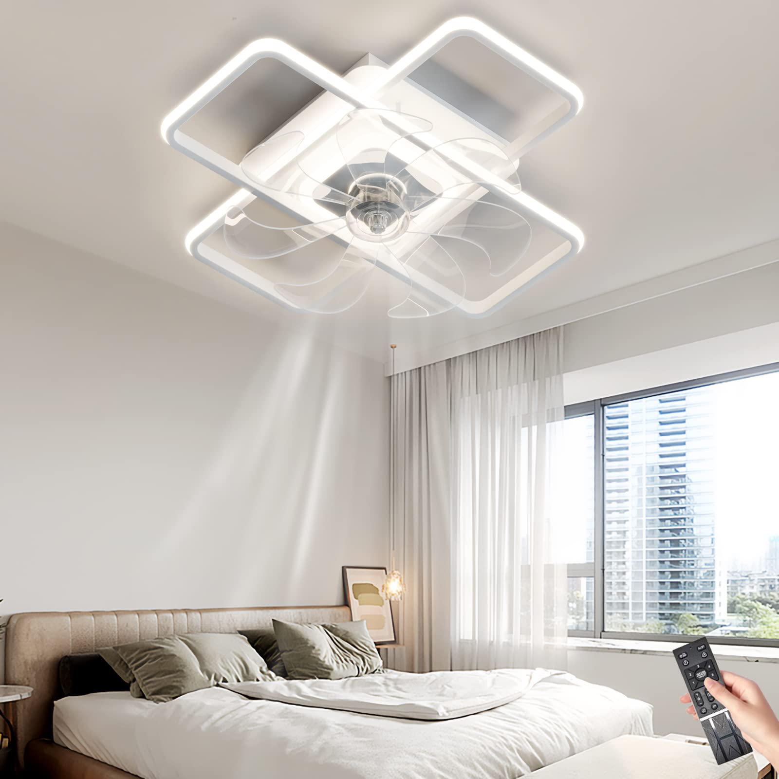 Lustre ventilateur de plafond moderne en verre et métal avec éclairage LED dimmable