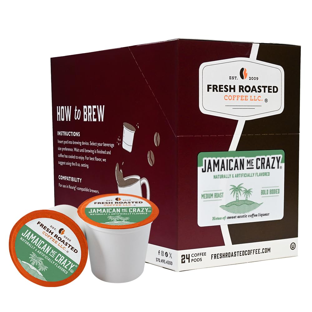 Fresh Roasted Coffee, Jamaican Me Crazy, Flavored Coffee Pods, 24 Count