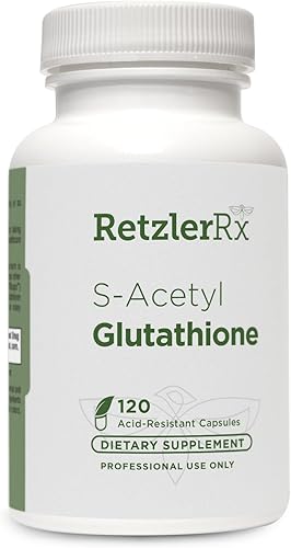 RetzlerRx - Suplemento S-acetil glutatión de 100 mg por cápsula, fabricado en Estados Unidos, 120 cápsulas resistentes a los ácidos, soporte