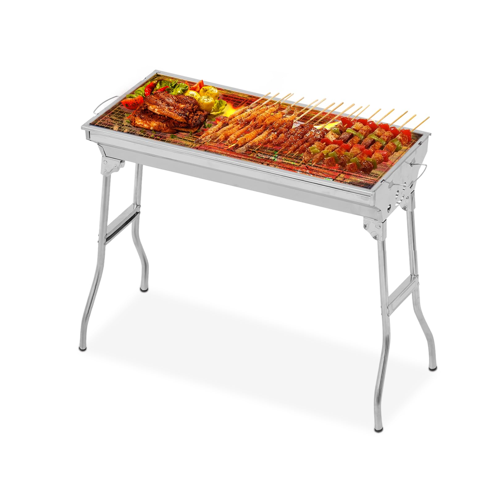 Charcoal Grill Portable Barbecue Grill, Stainless Steel Foldable Charcoal Barbecue Grill, Folding Large Charcoal Grill BBQ Tool Kits for Outdoor Cooking Camping Hiking