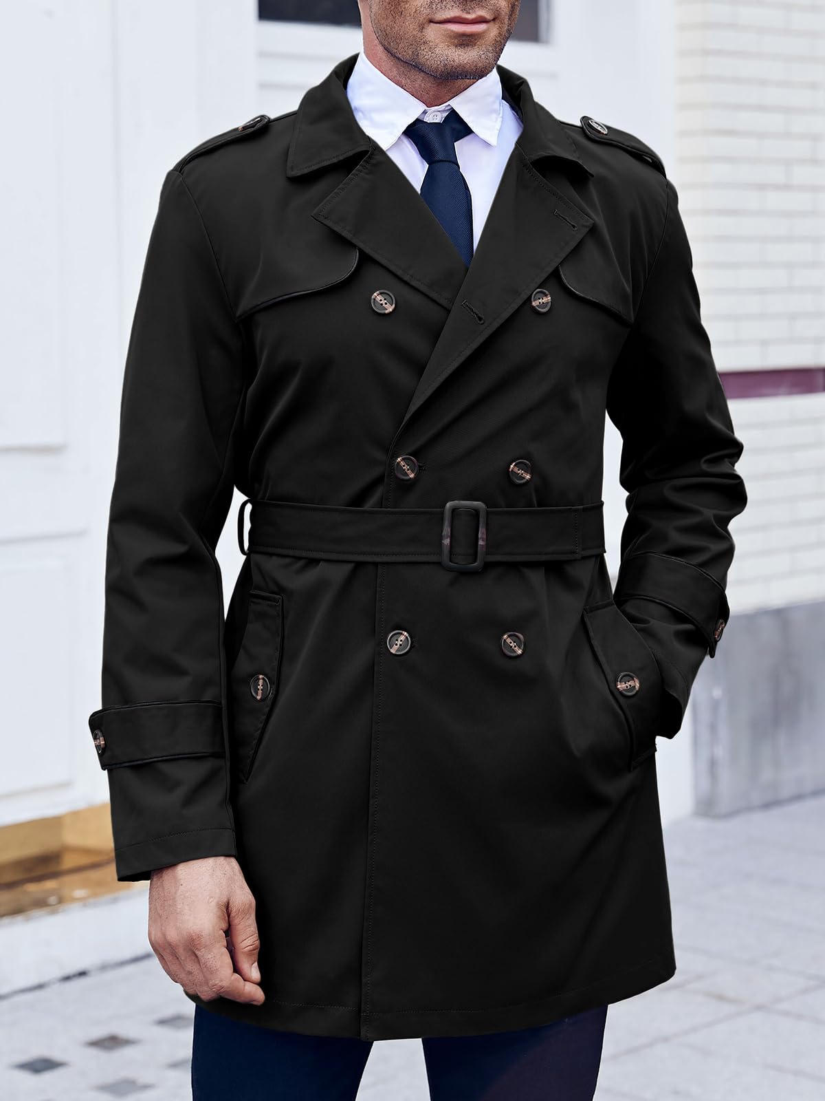 Runcati Trench pour homme Coupe ajustée Double boutonnage Manteau mi-long classique Business Casual Manteau automne coupe-vent