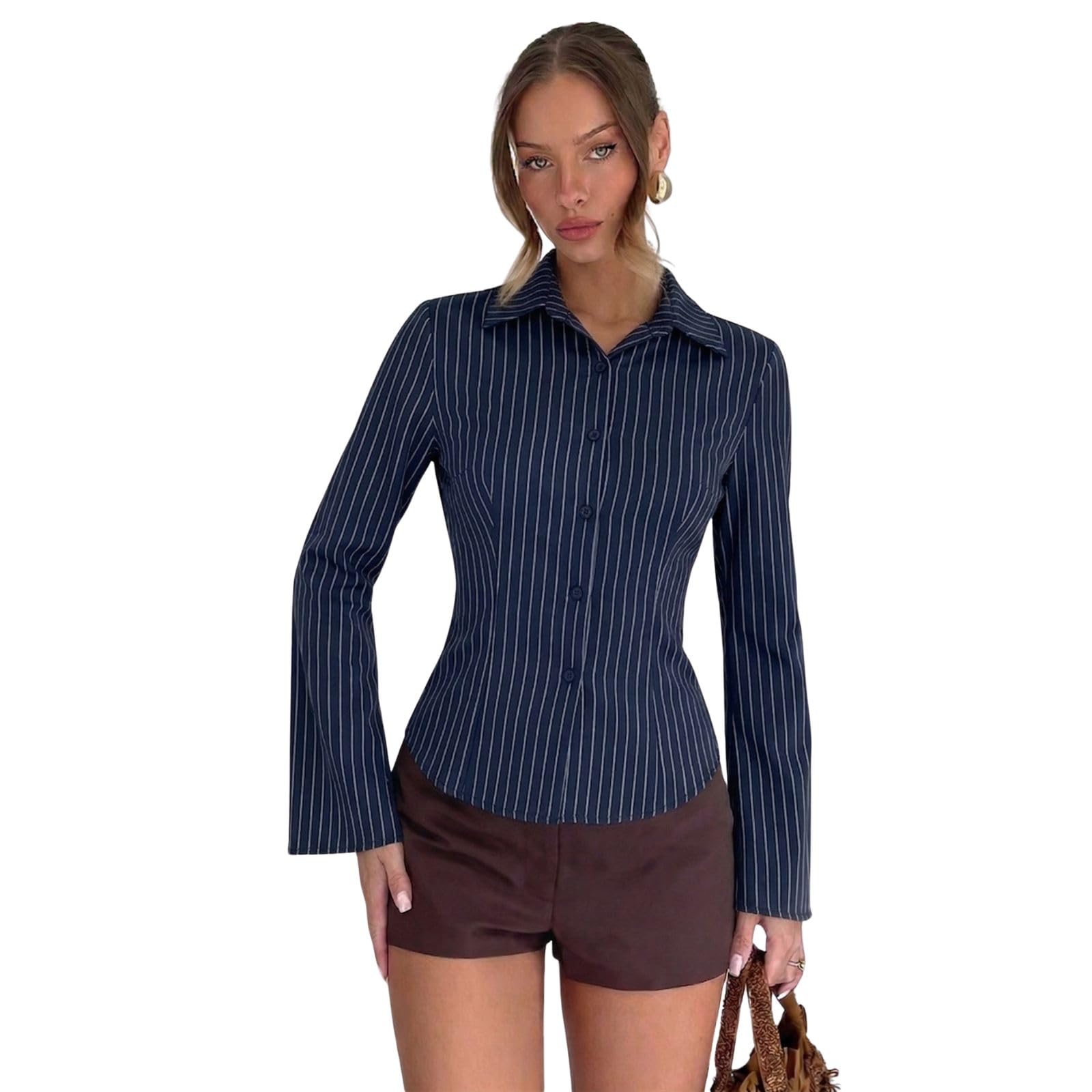 Women's Rayon Slub Pinstripe Shirt - Fitted Long Sleeve Button-Down Formal & Casual Blouse, Classic Black Striped Collar Neck Top-picture-45