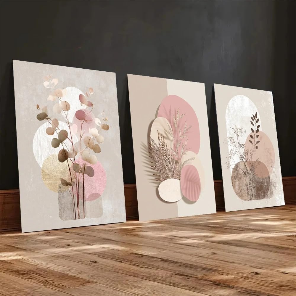 GOSRD Canvas Print Minimalist Bohemian Geometric Patterns In Gentle Pink And Cream Poster Prints Home Decor(50x75cm-3Pcs)