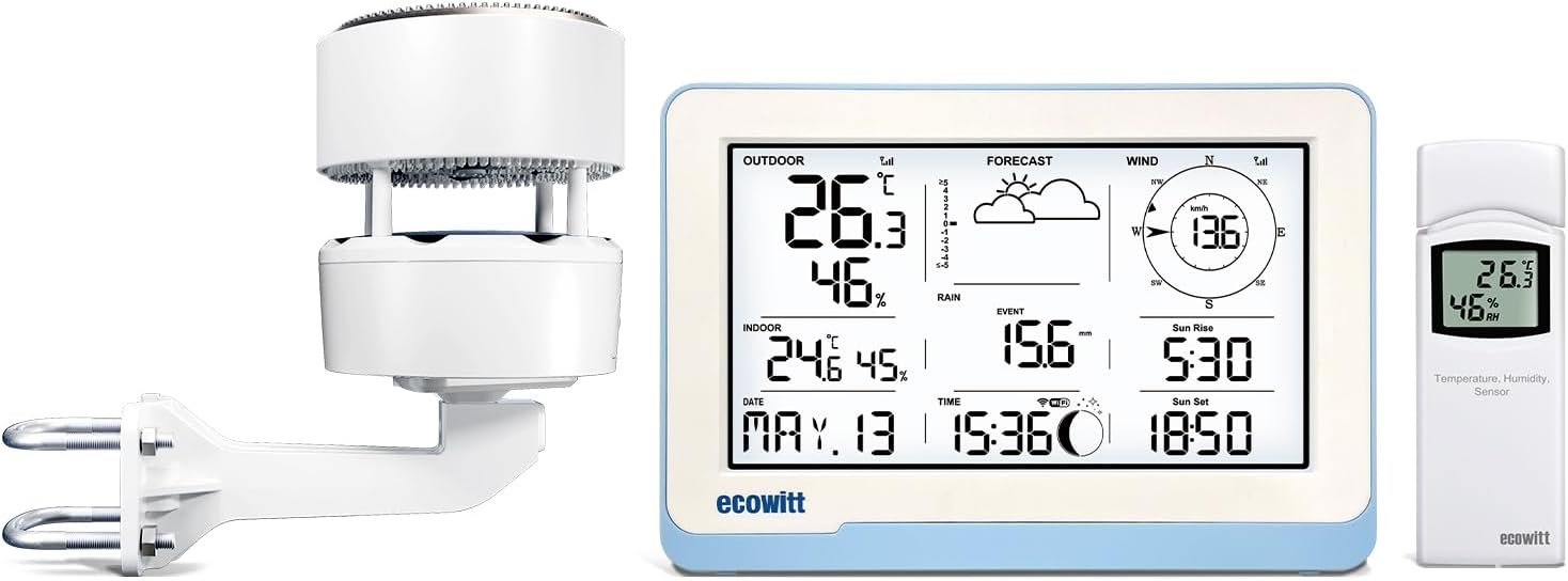 Ecowitt WS3802 Weather Station Kit, Includes WS3800 Indoor IoT LCD Display Console, WS85 Outdoor Sensor, WN32 Outdoor Thermometer&Hygrometer Sensor, 433 MHz