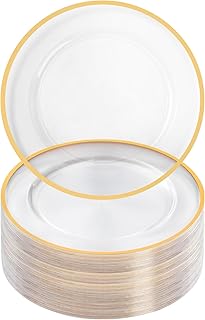 Goodluck 12 Inch Disposable Charger Plates Plastic, 100 Pack Plastic Clear Charger with Gold