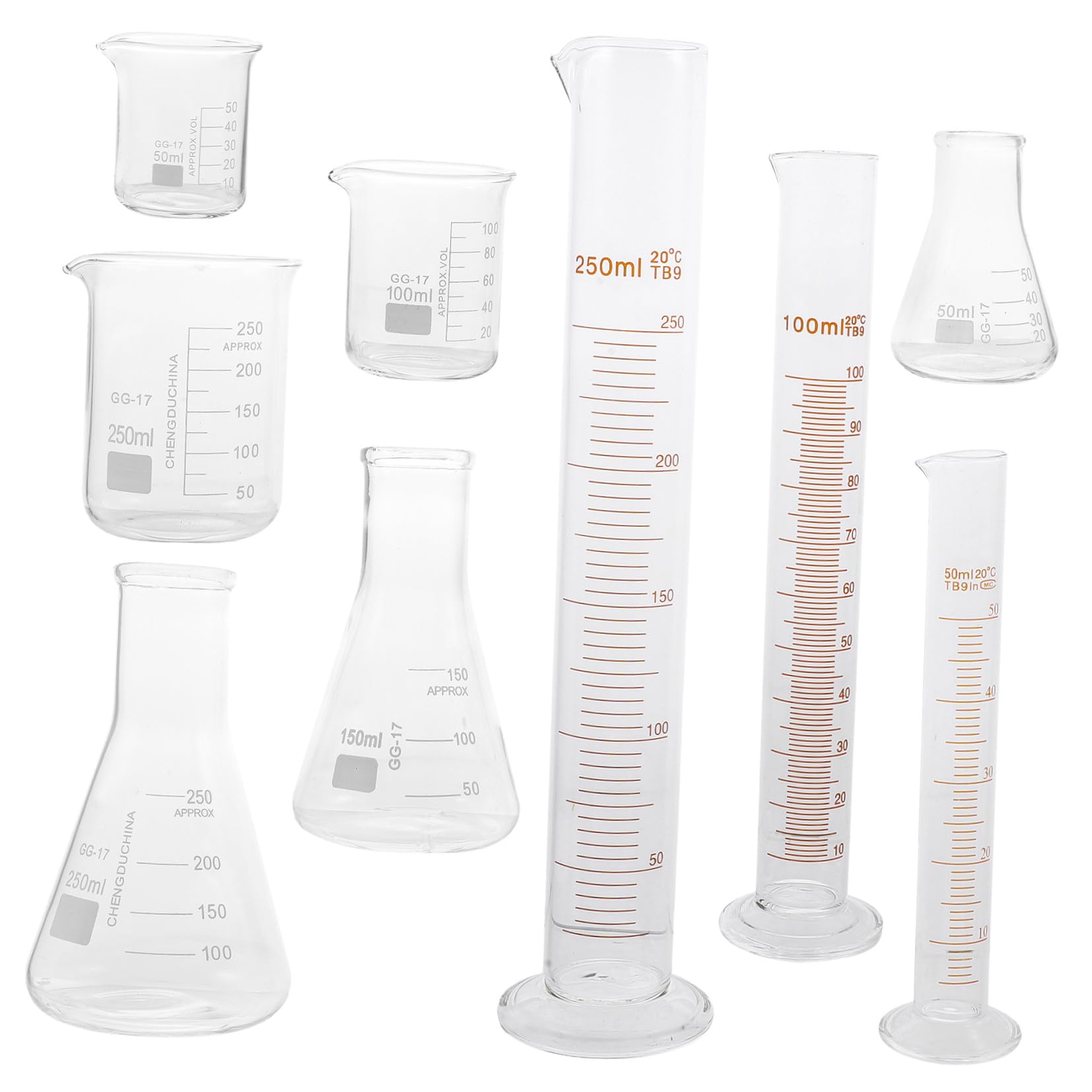 Cilindro Graduato in Vetro 9 Pezzi Scala Chiara per Laboratorio | Becher e Fiaschetta Triangolare Trasparenti, Capacità 50ml 100ml 150ml 250ml, per Chimica Scolastica e Ricerca