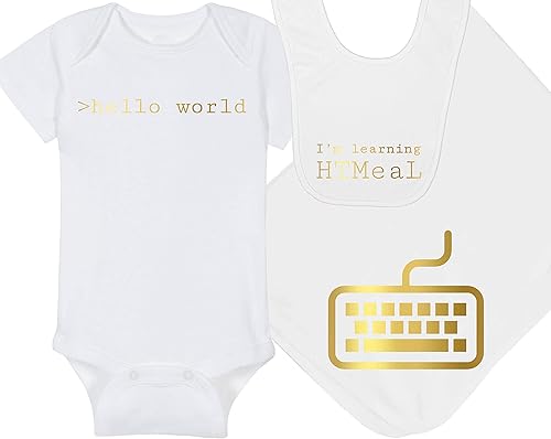 Vista 13 de >hello world - Techie Baby Onesie - Sombrero - Manta - Combinaciones de paquete de babero Tela negra/diseño dorado