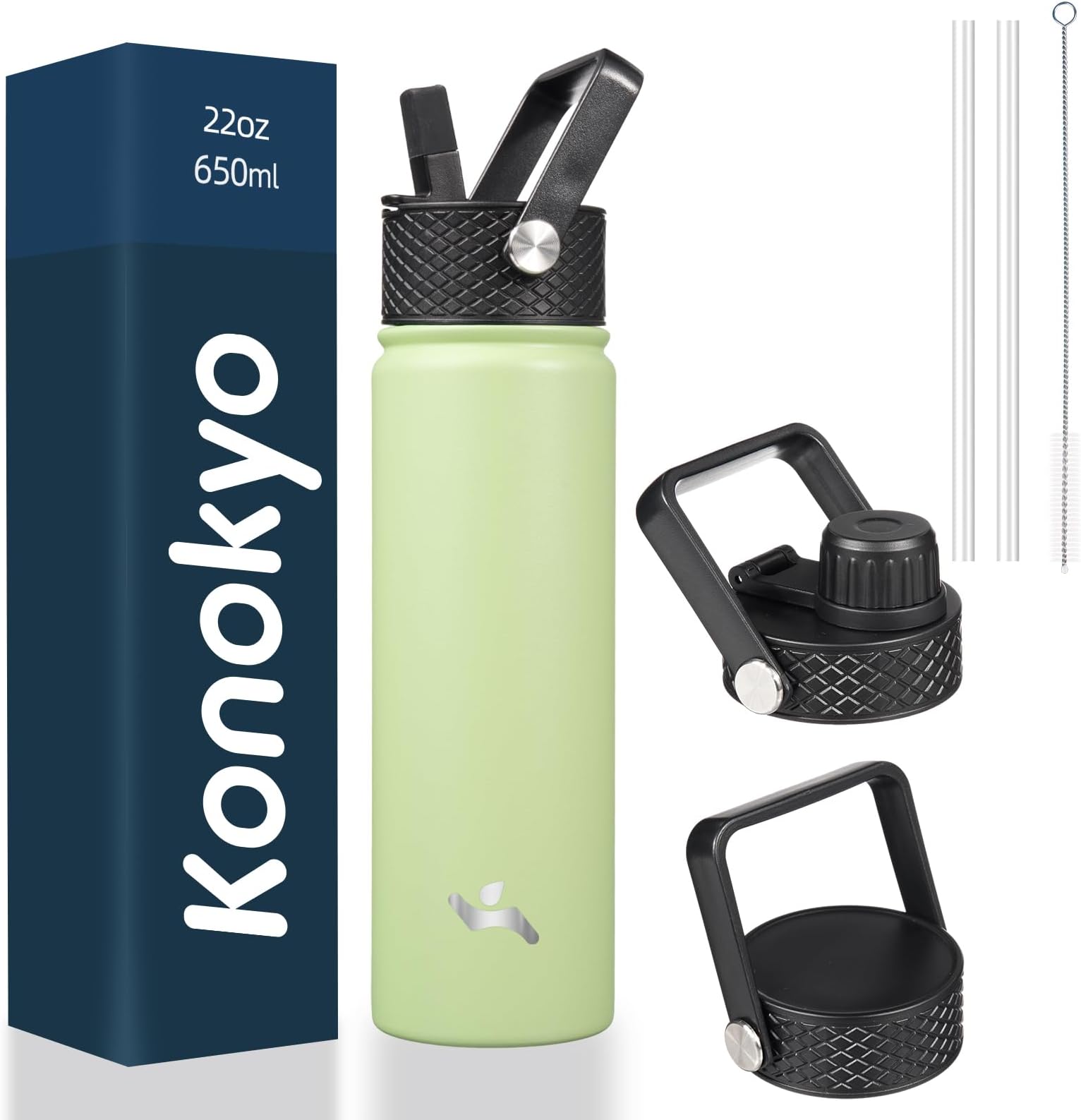 Konokyo 22oz Stainless Steel Bottles with 3 Lids Sport Insulated Water Bottle,Macaron Green