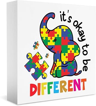 Autism Awareness Decorations, Autism Decor Sign for Home Classroom Bedroom Nursery, Coloured Elephant Puzzle Its Okay to Be Different Wooden Sign, Inspire Gifts for Autism Child Kids 5 X 5 Inch