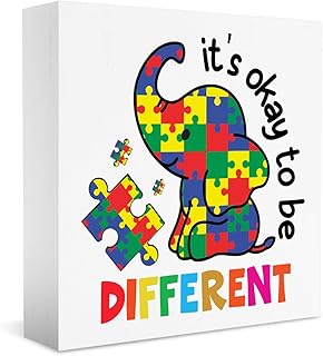 Autism Awareness Decorations, Autism Decor Sign for Home Classroom Bedroom Nursery, Coloured Elephant Puzzle It's Okay to Be Different Wooden Sign, Inspire Gifts for Autism Child Kids 5 X 5 Inch