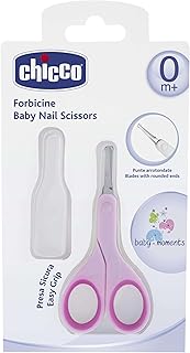 Chicco Ciseaux à ongles pour bébés et enfants, en acier inoxydable avec lames incurvées et bouts arrondis, capuchon de protection, poignée en caoutchouc antidérapante, Pour bébés 0+ mois, Rose
