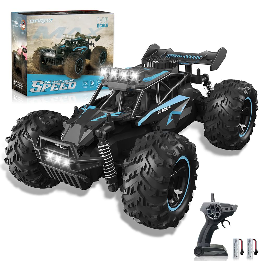 Carox Remote Controlled Car, 2.4 GHz 25 km/h RC Car, 1:18 Off Road Monster Truck with Headlight and Chassis Lighting, Crawler Truck Toy